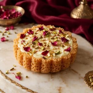 Signature White Chocolate, Rose, Saffron & Pistachio Ghewar Tart